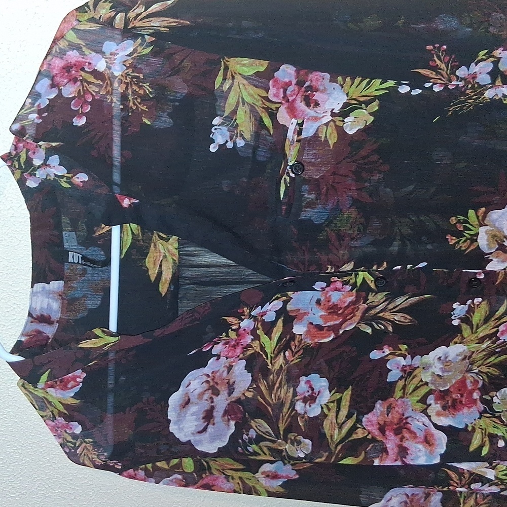 Kut From The Kloth Blouse Black Floral Sheer Faux Wrap Roll Sleeves M